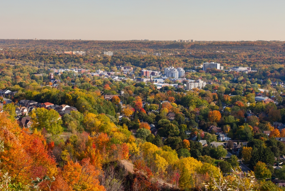 A drone photo above an autumn forest over looking Dundas, Ontario